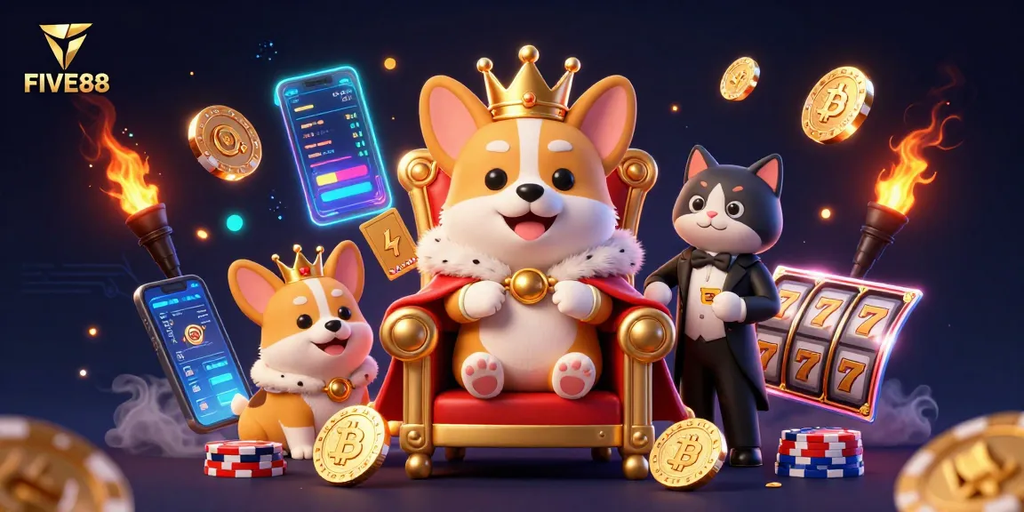 Experience the excitement of gambling at FIVE88 with royal corgi characters, poker chips, and glowing cryptocurrency elements.