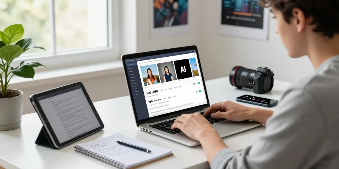 Developer using an ai detector on laptop for analyzing images in a modern workspace.