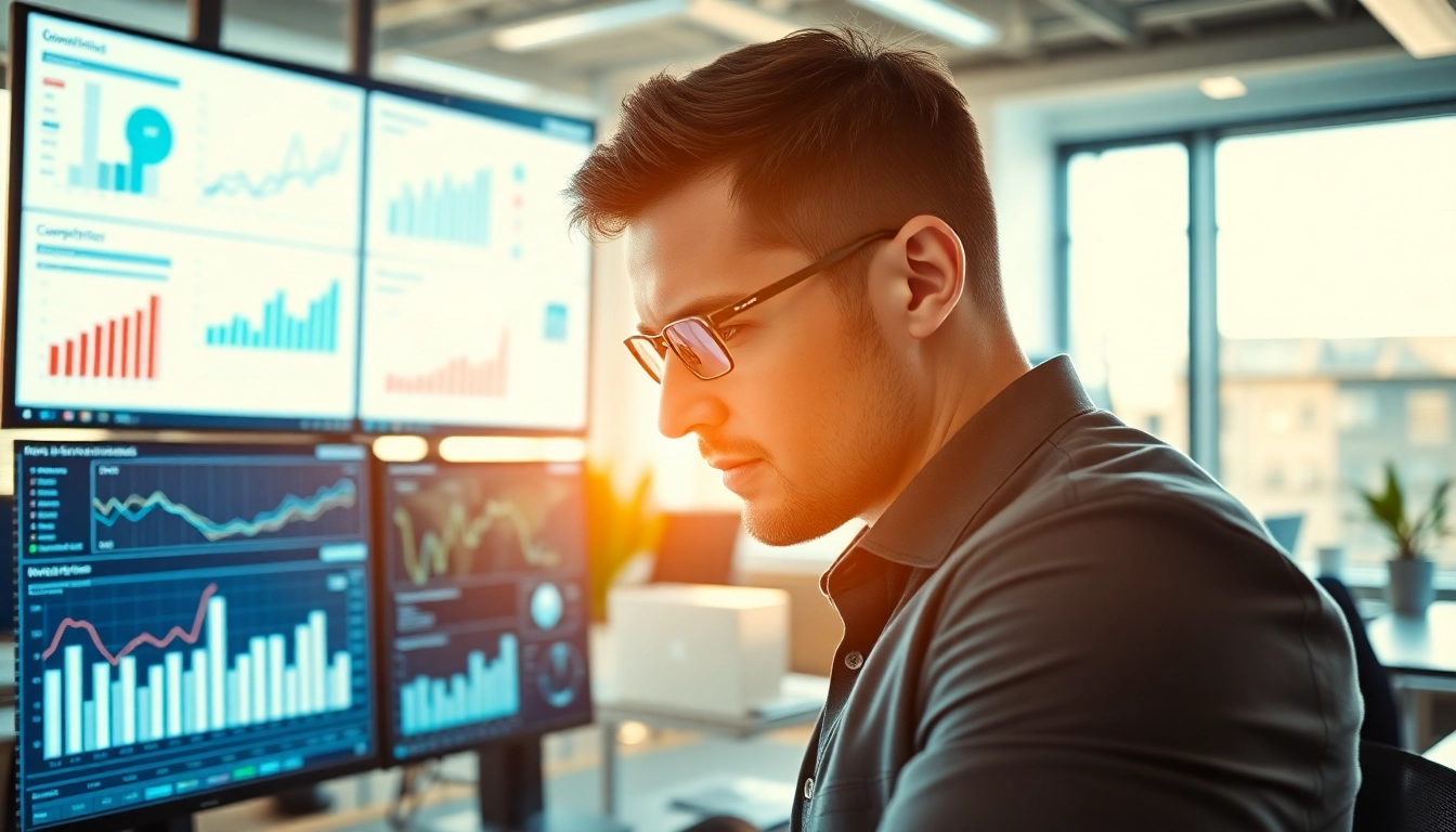 Analyzing data for AI for competitor analysis with high-tech tools and vibrant office atmosphere.