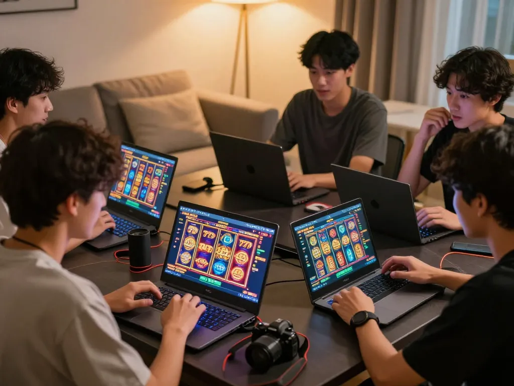 Players engaged in an exciting online slot777 game at home with vibrant visuals.