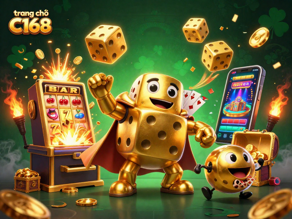 Experience the excitement of winning at trang chủ C168 with a vibrant 3D casino illustration showcasing golden dice and slot machine jackpots.