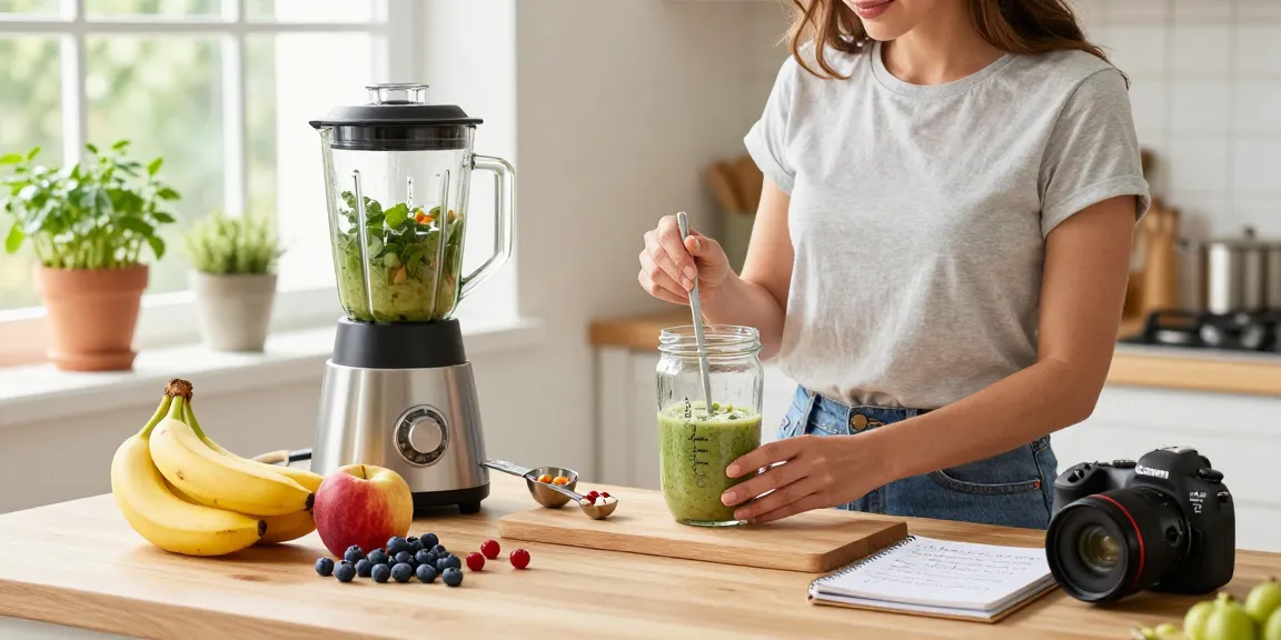 Creating a smoothie with science-backed supplements and fresh ingredients in a bright kitchen.