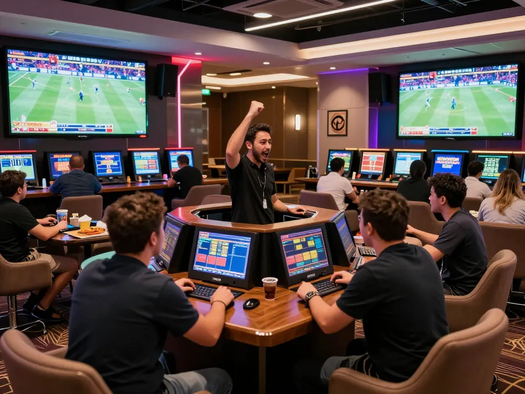 Engaged bettors placing IDNTRADE wagers in a luxurious sports betting area with screens showing live events.