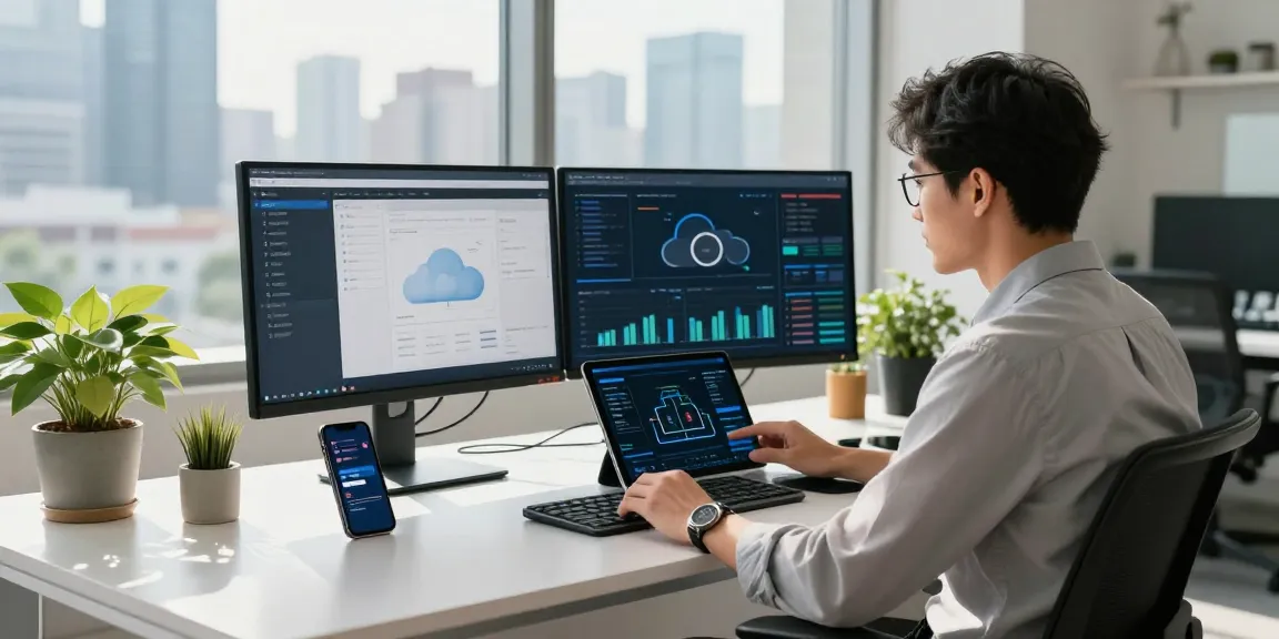 Cloud computing workspace with professional analyzing data on multiple screens, showcasing rokok88 VPS capabilities.