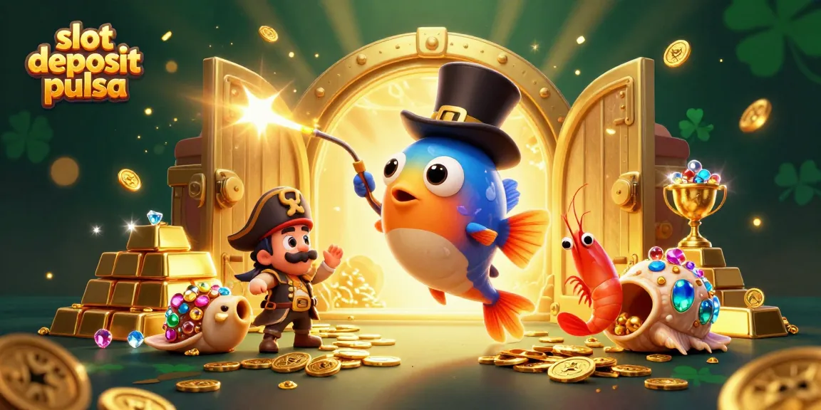 Menangkan di slot deposit pulsa dengan ilustrasi 3D yang menyenangkan memperlihatkan karakter laut menarik koin emas.