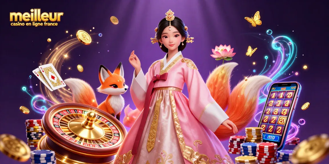 Découvrez l'excitation des meilleurs casinos en ligne France alors que des pièces d'or et des cartes tourbillonnent autour d'une femme vêtue d'un hanbok.