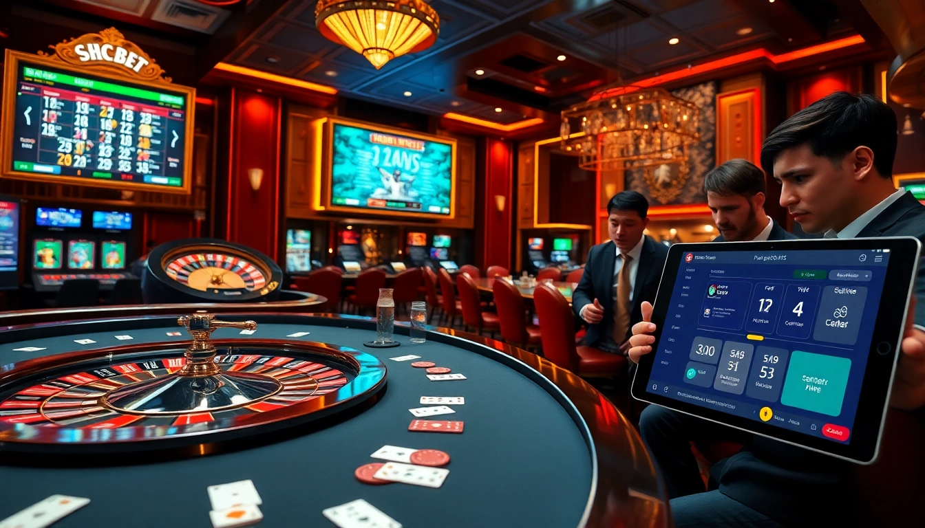 Engage with sbobet link alternatif as players strategize at a luxury casino poker table and roulette wheel.