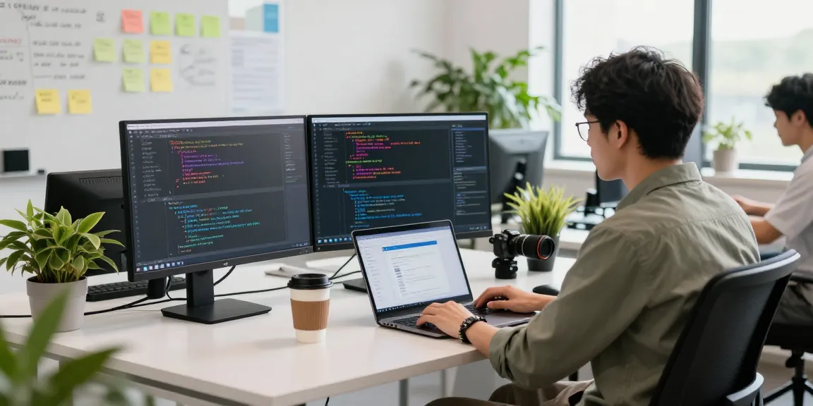 Developer setting up telegram中文 interface on dual monitors in a modern office.