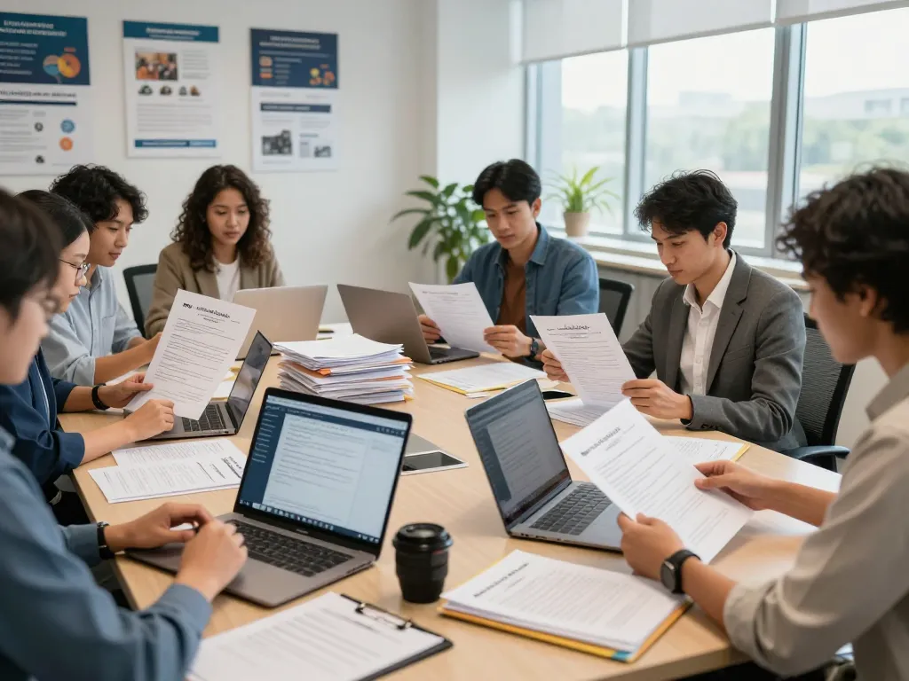 National University (NU) Certificate & Document Processing Guidelines with a team reviewing academic documents in a bright office.