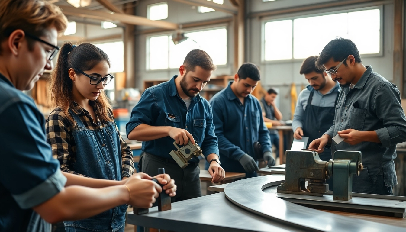 Students engaging in sheet metal training in a bright industrial workshop, mastering hands-on techniques.