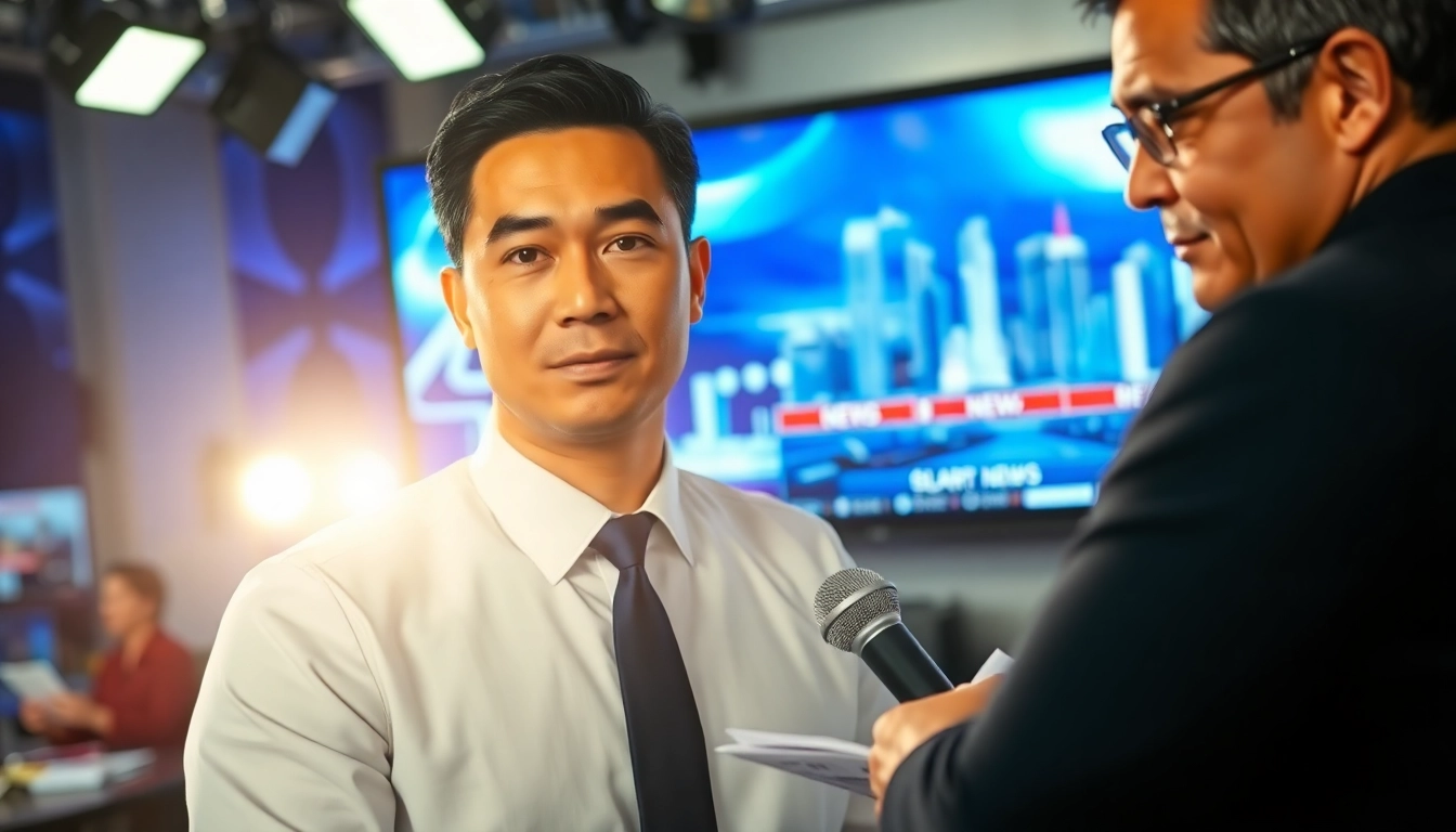 Breaking news presenter shares important updates in a modern studio.