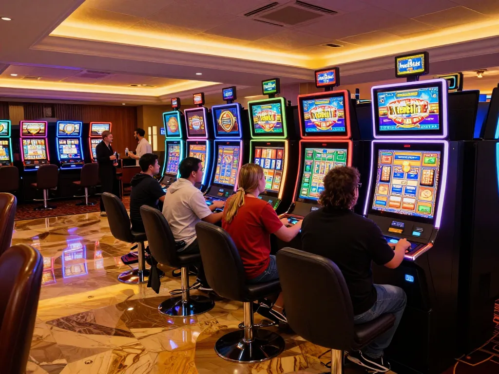 Players enjoying slots at a casino non AAMS con Neteller, engaging with colorful machines and vibrant atmosphere.