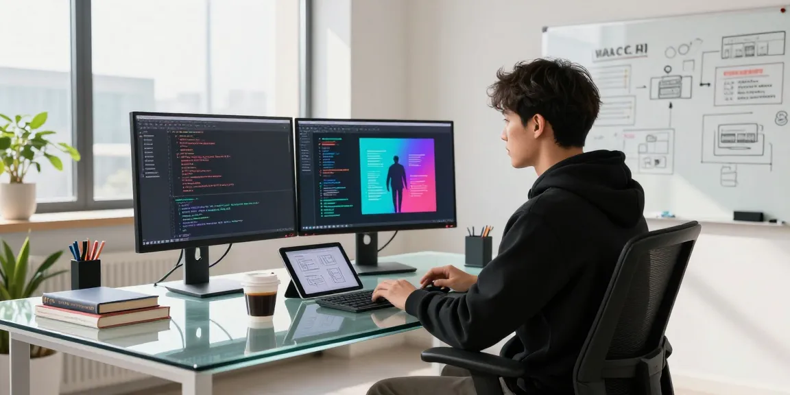 AI prompt image being developed in a modern tech workspace with dual monitors and coding elements.