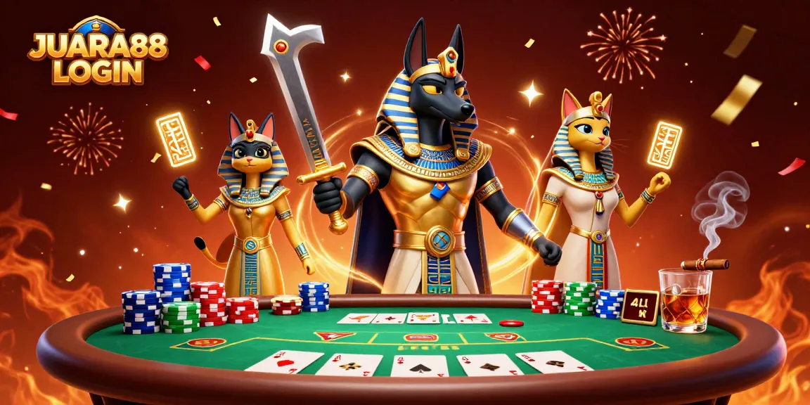 Experience thrilling JUARA88 LOGIN gaming action with Anubis and Bastet at a vibrant poker table.