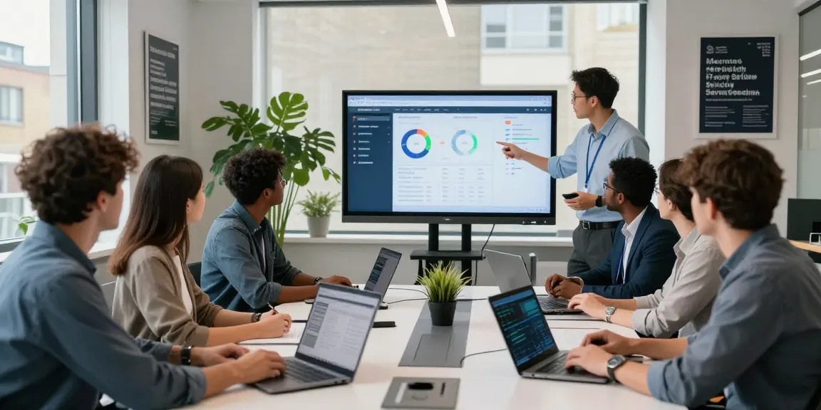 Collaboration among IT professionals in London focused on managed IT services, with team members engaging around a modern conference table and technology displays.