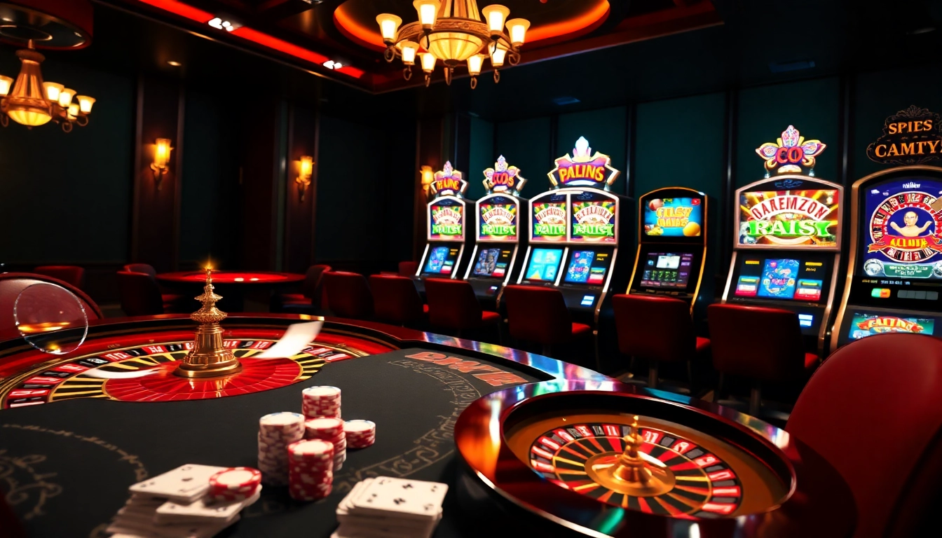 Action passionnante de casino en ligne argent réel avec des jetons de poker et une roue de roulette.