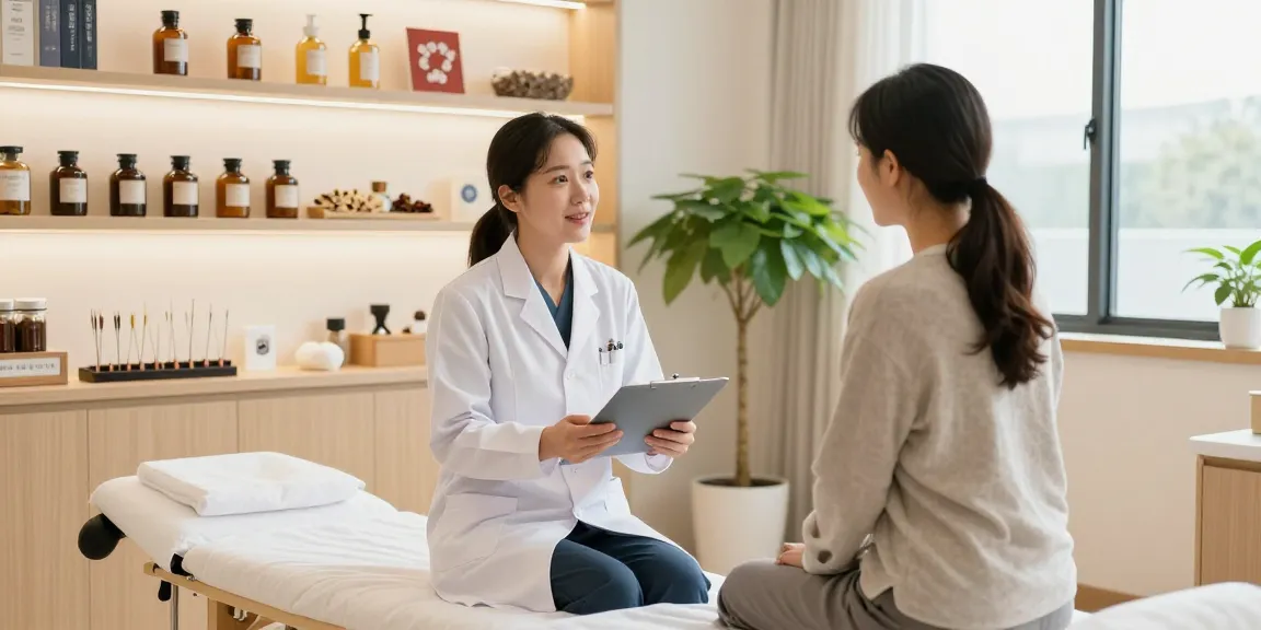 Consultation room at 영통한의원 featuring a practitioner discussing holistic treatments with a patient.