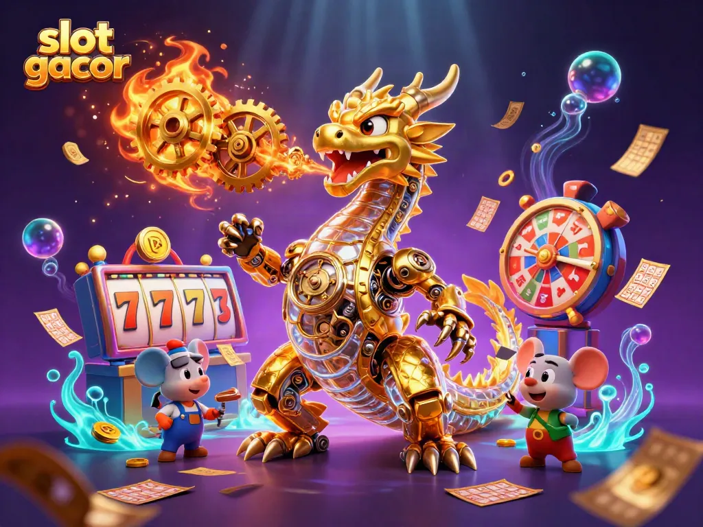 Engage with slot gacor games featuring a golden dragon and vibrant casino elements in an exciting scene.