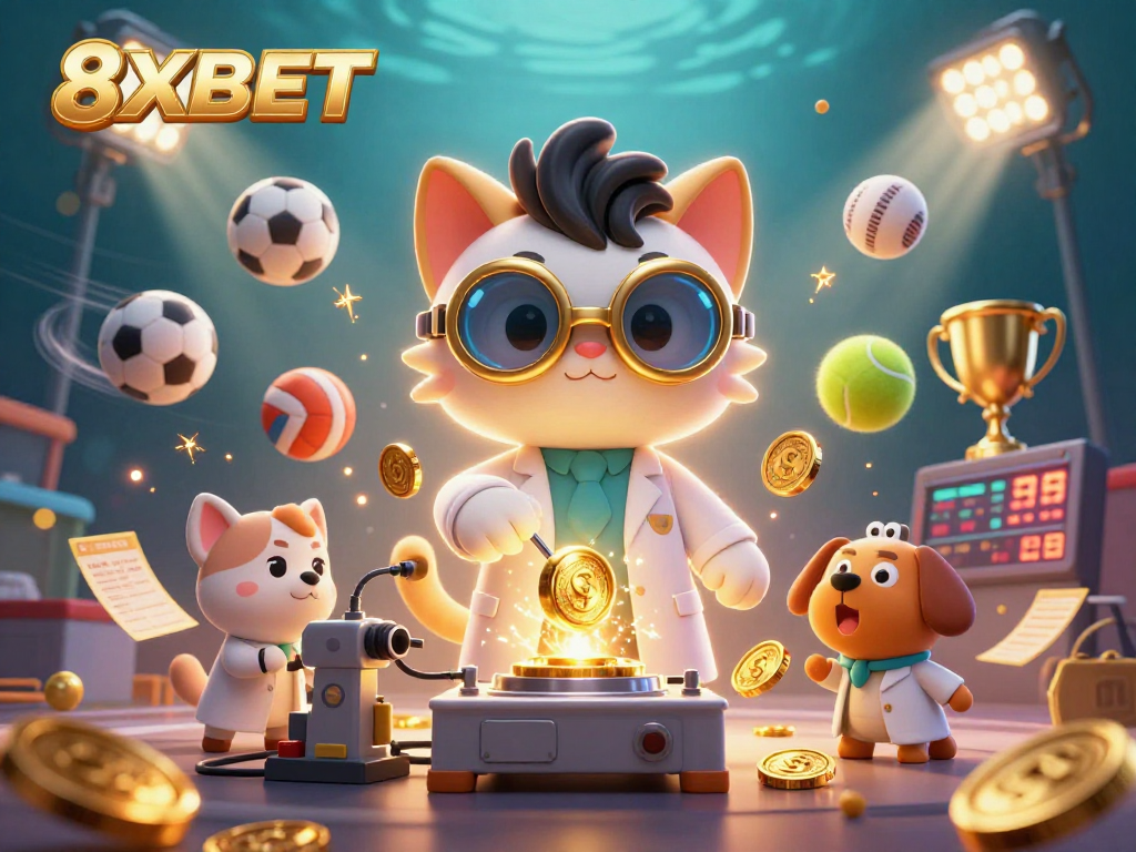 8XBET sports betting scene featuring a mad scientist cat and dog surrounded by dynamic gaming elements.