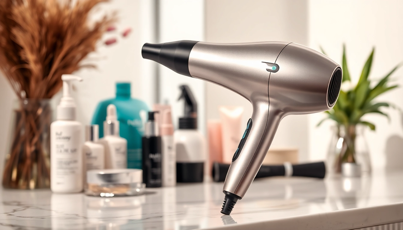 Using a hair dryer for fine hair against an elegant vanity backdrop with beauty essentials.
