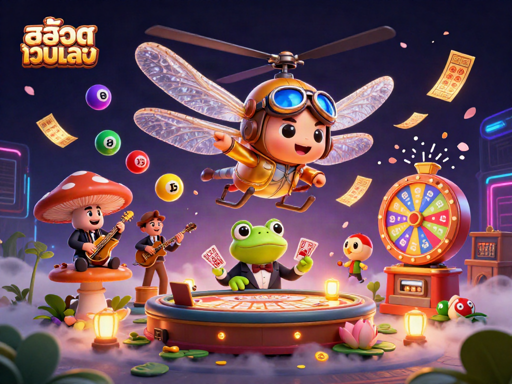 Engage with สล็อตเว็บตรง at a dynamic lily pad casino featuring vibrant characters and colorful game elements.