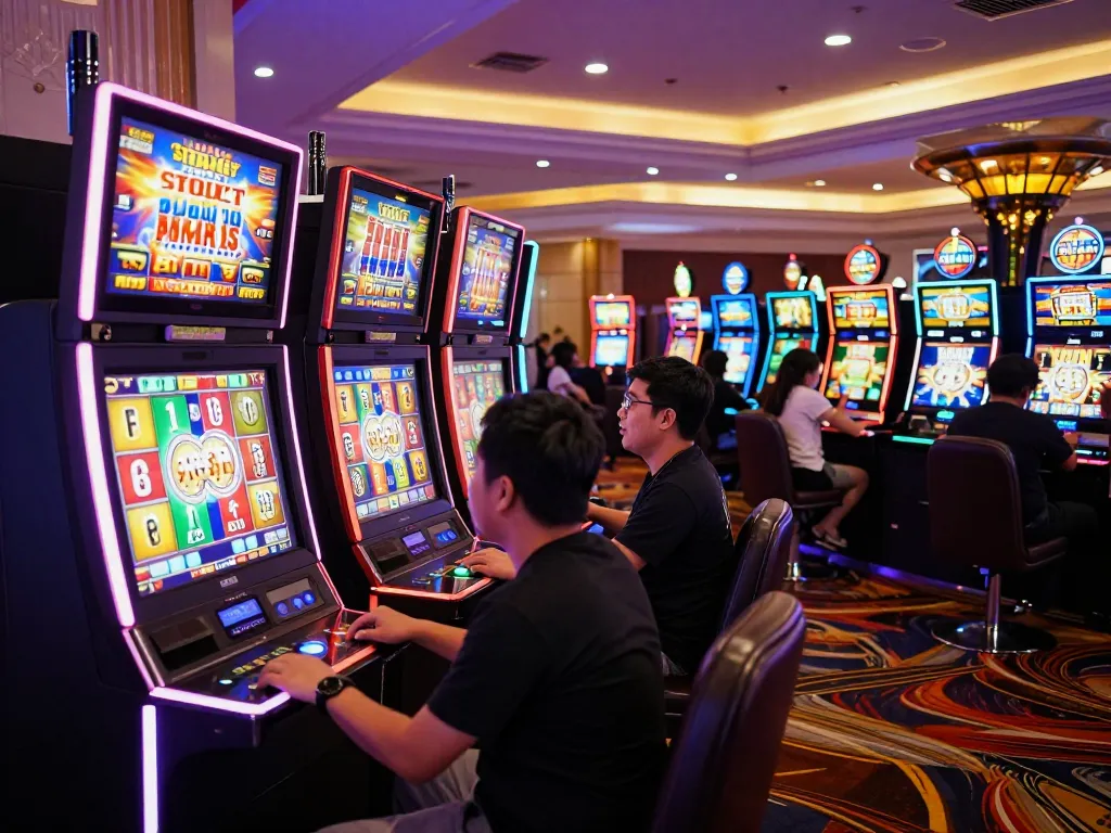 Excited players engaging with link slot gacor machines in a vibrant casino atmosphere
