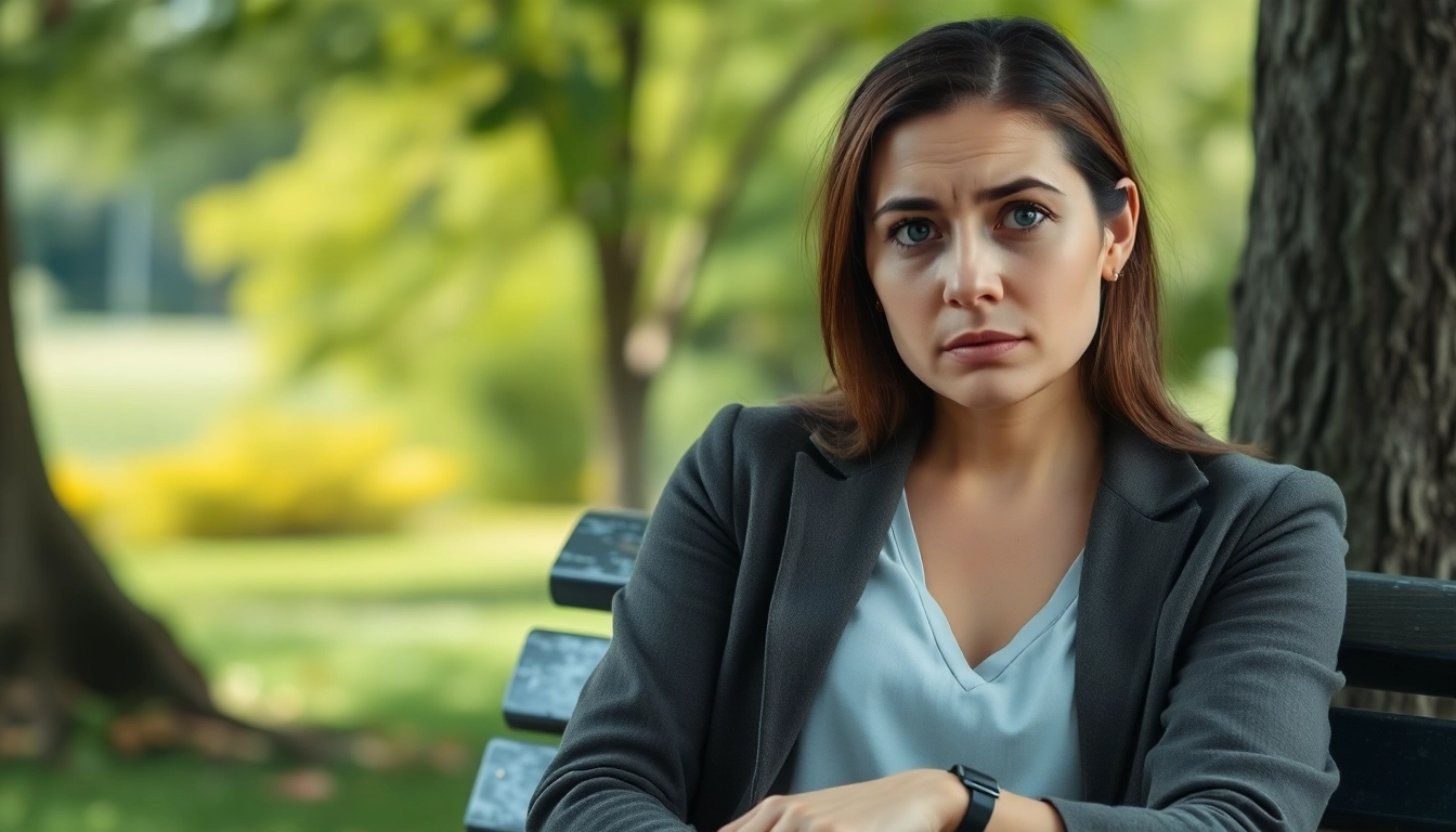 Illustration of anxiety symptoms highlighted through a woman's contemplative expression in a serene park.