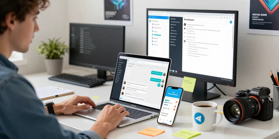 Engaging workspace showcasing telegram中文 communication on laptop and smartphone.