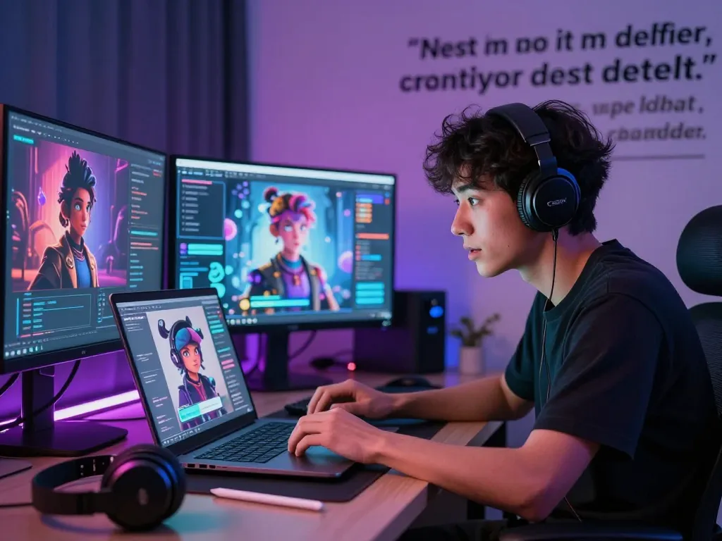 User engaging with an NSFW AI chatbot on a sleek laptop, showcasing dynamic character interactions in a modern digital workspace.