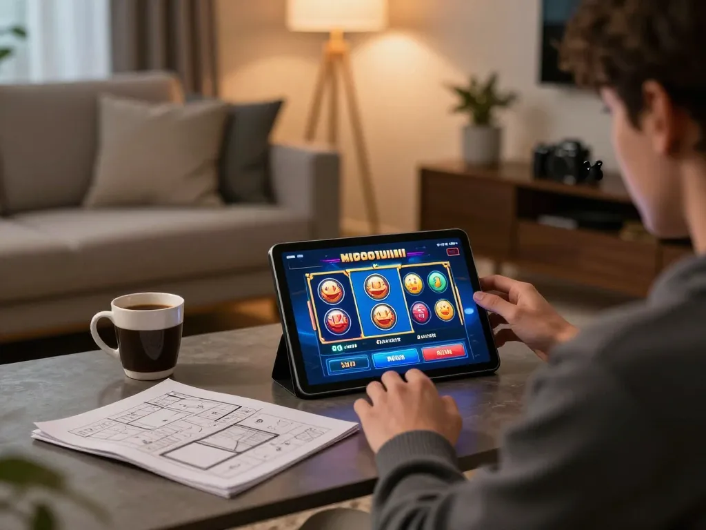 Engaging with a slot online game on a tablet in a cozy living room setting.