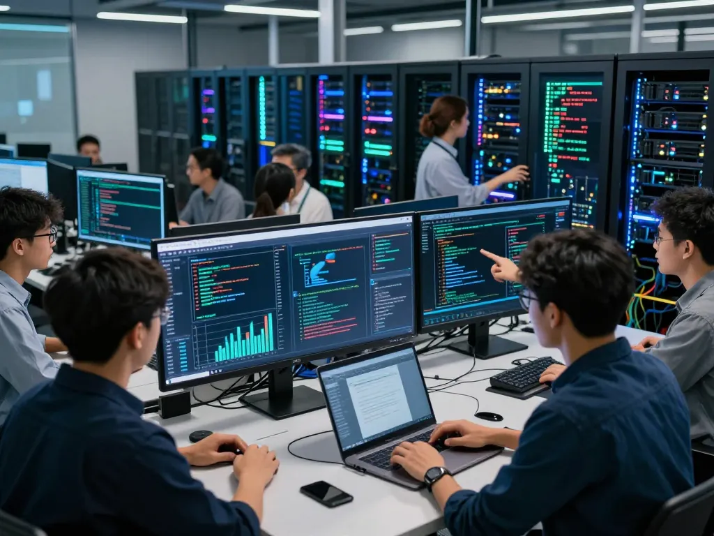 Collaborative team analyzing IODeFi cloud mining performance metrics in a modern data center, showcasing innovative technology.