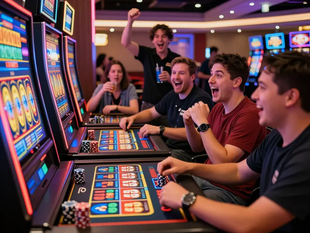 Engaged players at a slot gacor hari ini machine in a lively casino, excitement and neon lights surround.