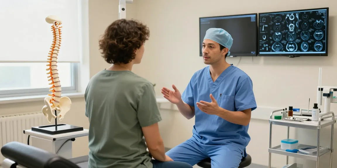Dar kanal ameliyatı consultation in a bright medical office with patient and surgeon discussing spinal treatment options.