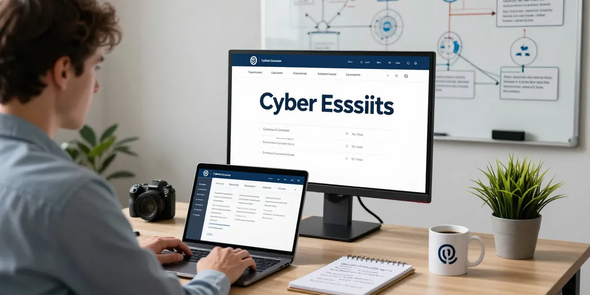 Cyber Essentials requirements review in a professional cybersecurity office, with consultant analyzing compliance controls on a laptop.