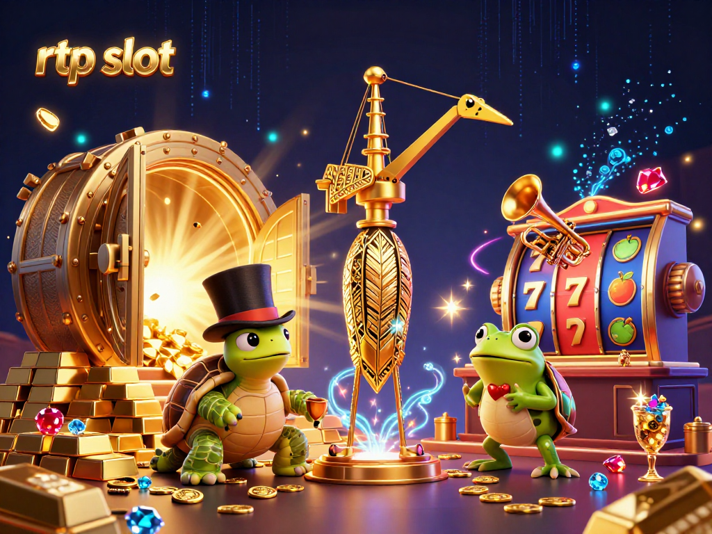 Play rtp slot with vibrant slot reels, gold treasures, and lively cartoon characters.