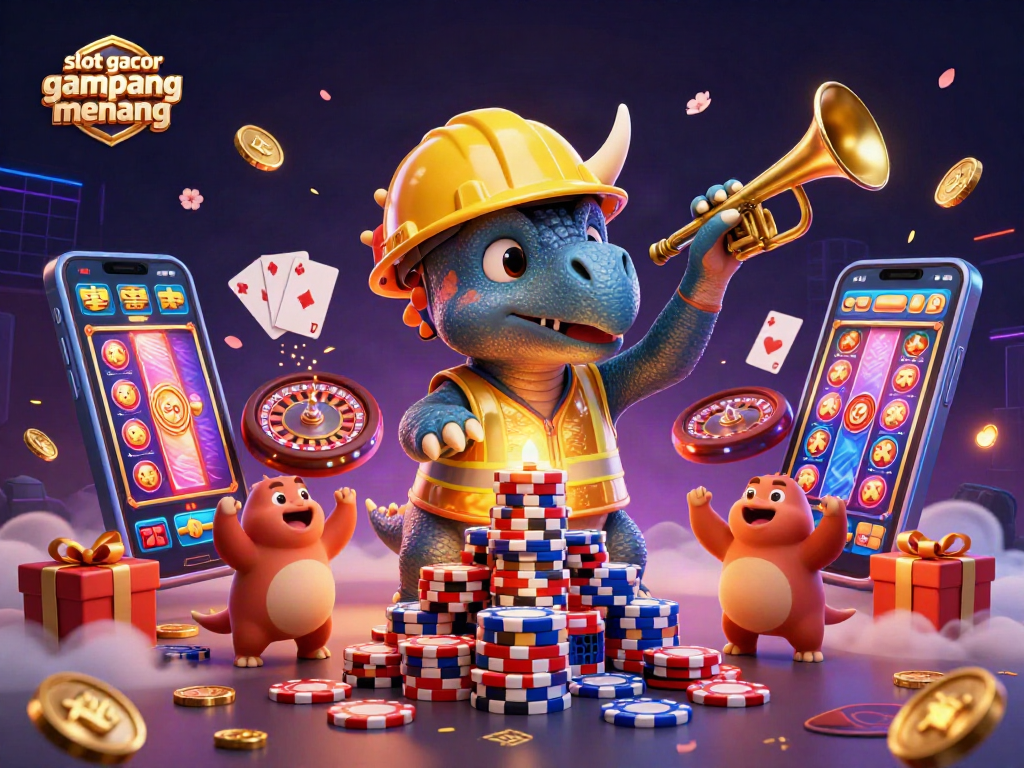 Experience the excitement of slot gacor gampang menang with vibrant 3D characters building a poker chip pyramid.
