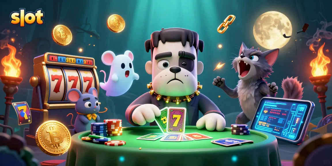 Spin the slot reels with the Frankenstein bulldog and win big in a spooky casino scene.