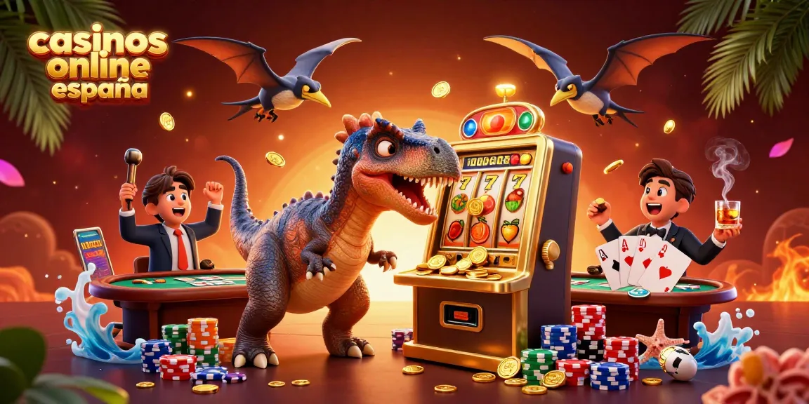 Casinos online España: un pachycephalosaurus golpea la máquina tragamonedas mientras un ankilosaurio asustado recolecta monedas doradas.
