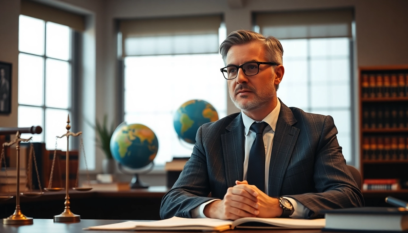 Rechtsanwalt erläutert internationales Strafrecht in moderner Büroumgebung.