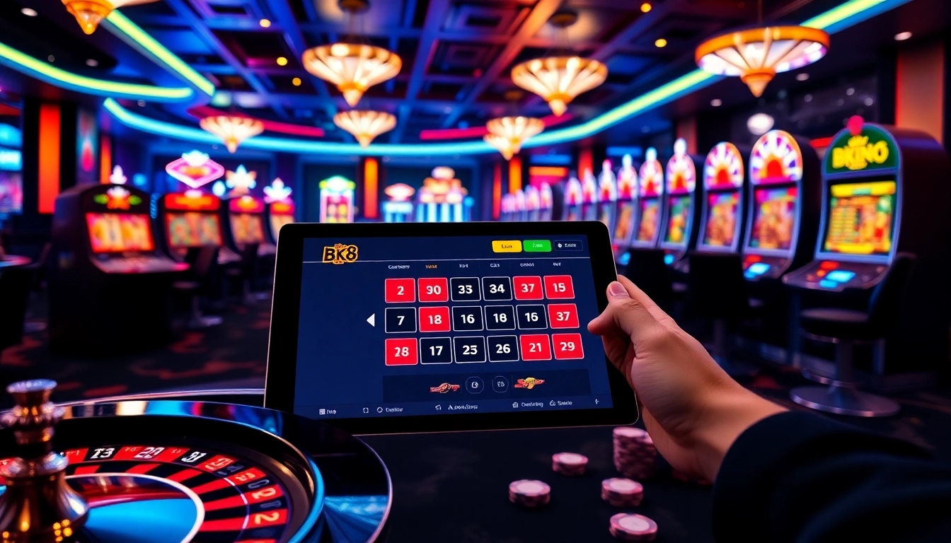 Engage with thrilling BK8 gaming action at a sophisticated casino setting featuring vibrant tables and machines.
