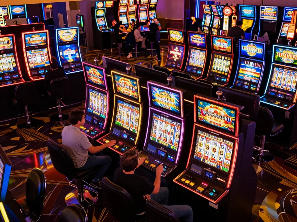 Players enjoying low stakes slot bets at vibrant casino machines.