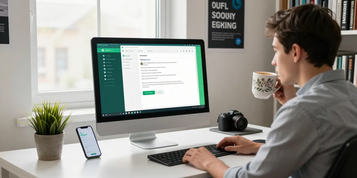 Modern workspace scene with WhatsApp電腦版 interface displayed on a large monitor.