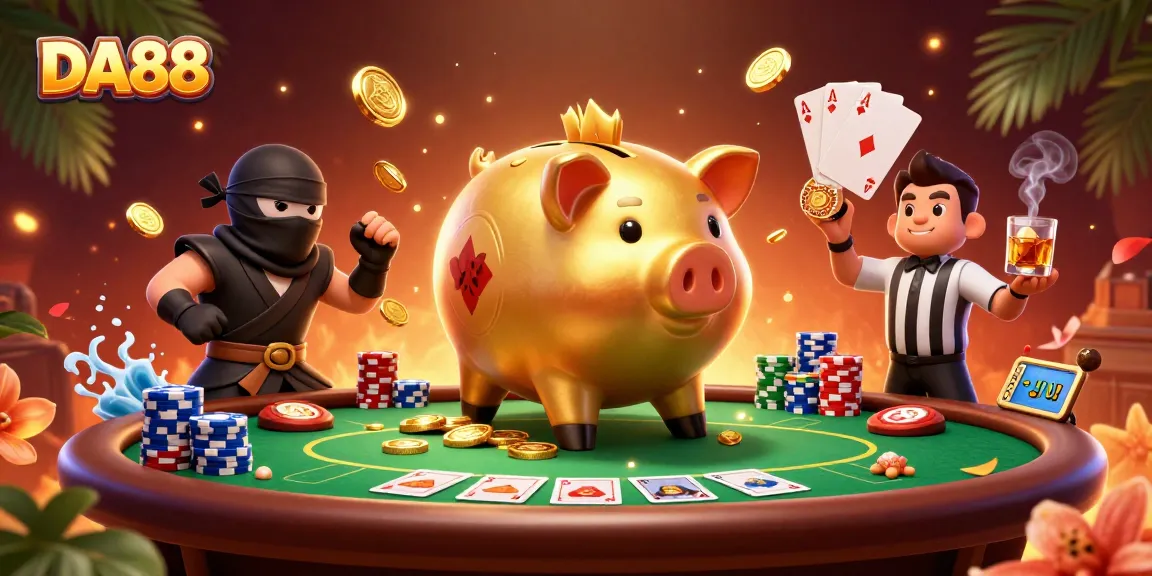 Win big with DA88 at this vibrant casino scene featuring characters and poker elements.