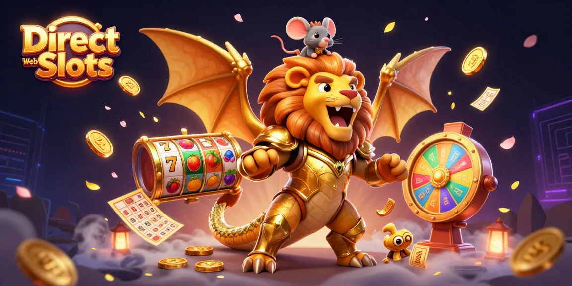 Engage with Direct Web Slots as a golden chimera roars triumphantly with slot reels and vibrant game elements.