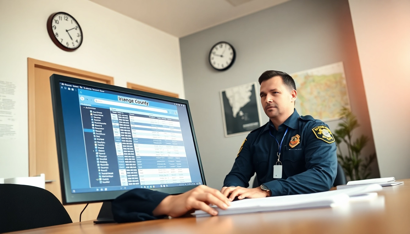 Conducting an Orange County Inmate search with a professional officer in a modern office.