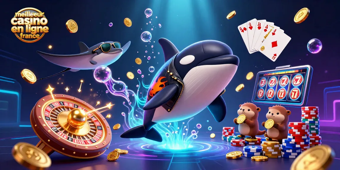 Découvrez le meilleur casino en ligne France avec une scène vibrante et dynamique d'animaux marins entourés de jeux et de pièces dorées.