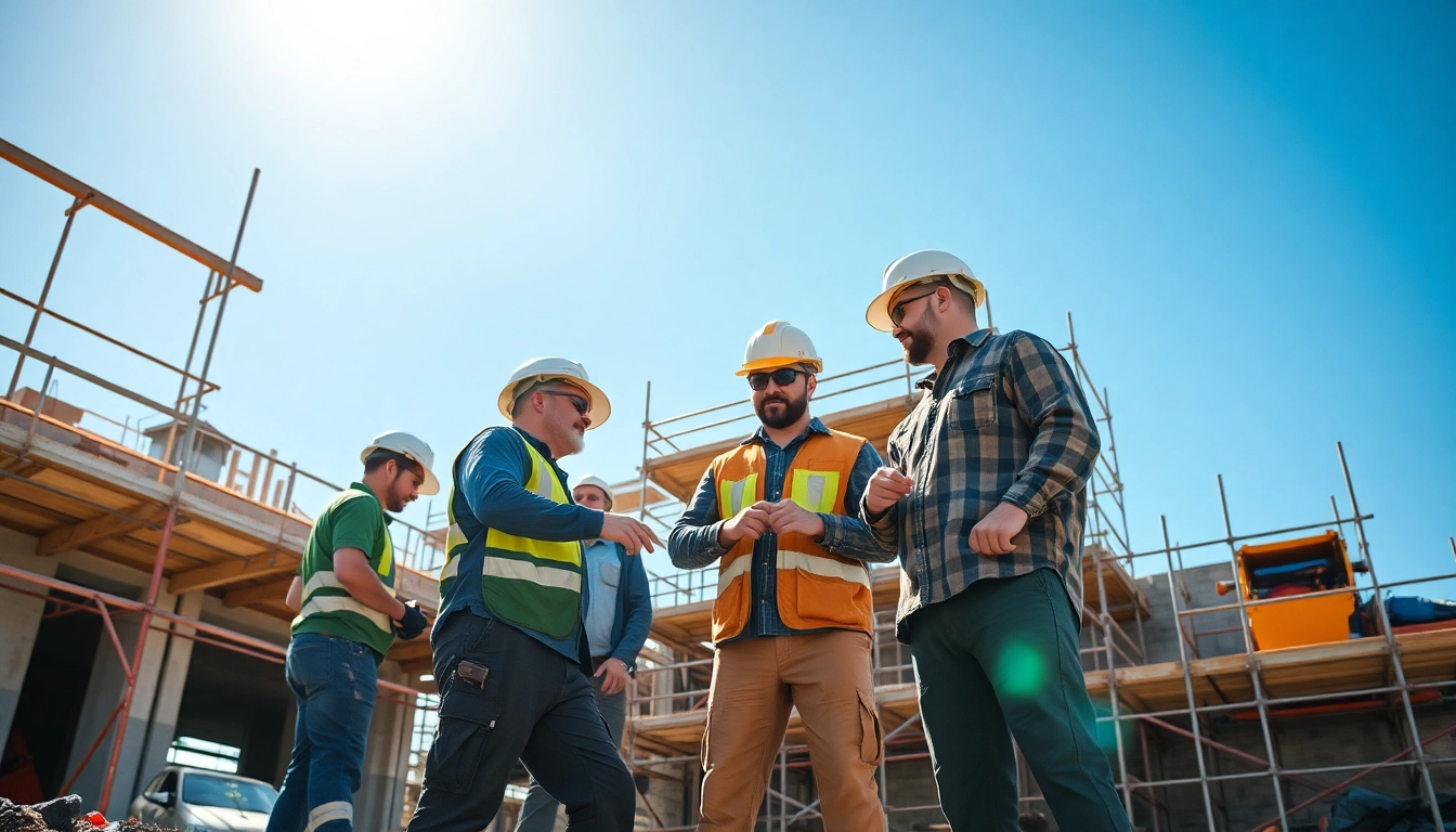 Team of construction workers collaborating at a construction site, embodying the essence of a construction association.