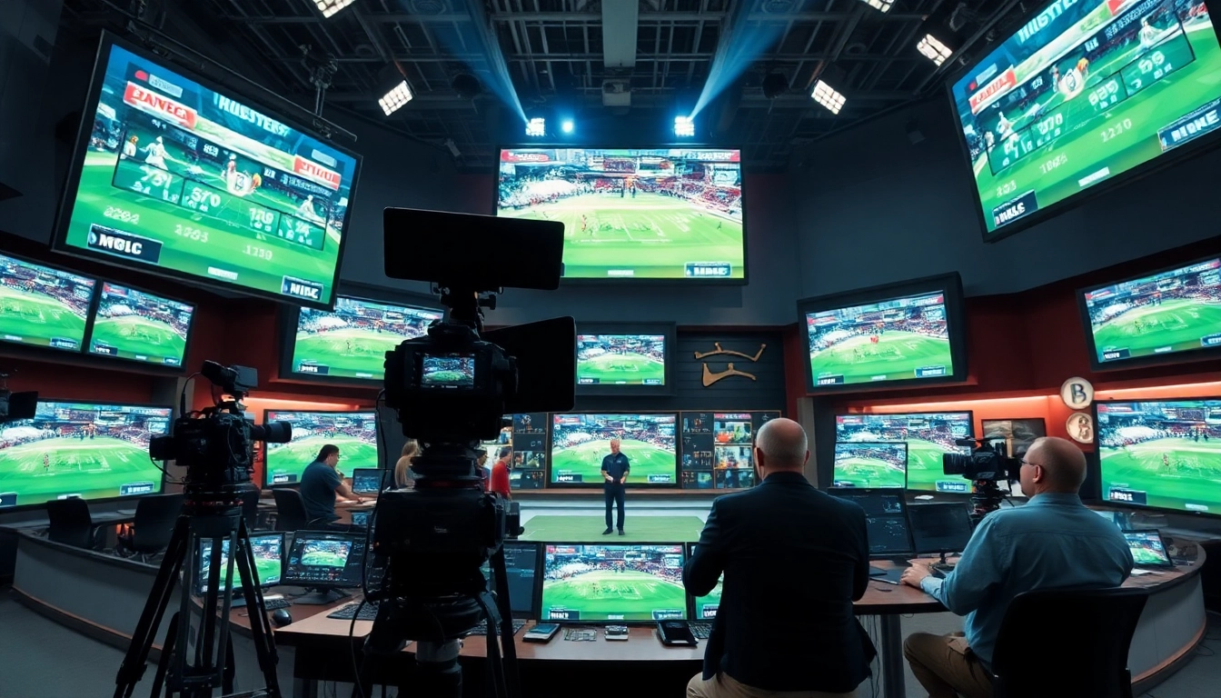 Covering thrilling moments in Sports Broadcasting with a vibrant studio set and advanced technology.