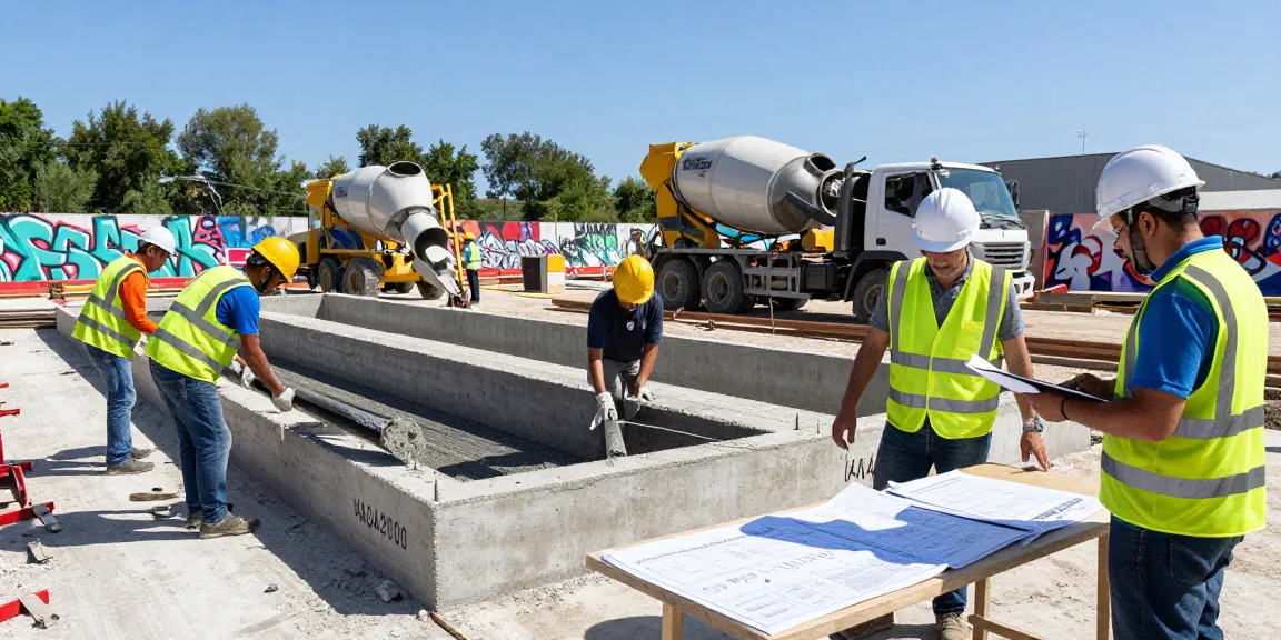 NAGA2000 being poured at a busy concrete construction site with workers in safety gear.