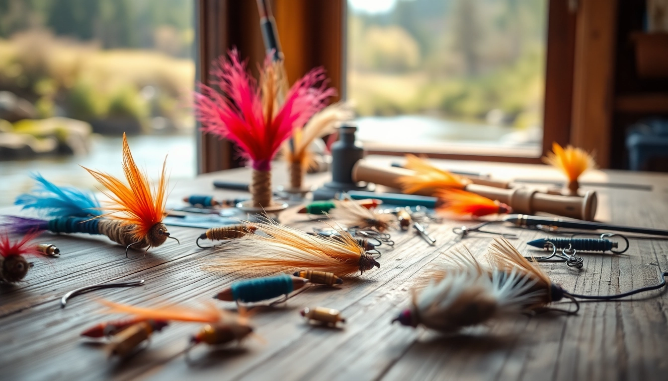 Fly tying materials displayed creatively on a wooden table, showcasing vibrant colors and textures.
